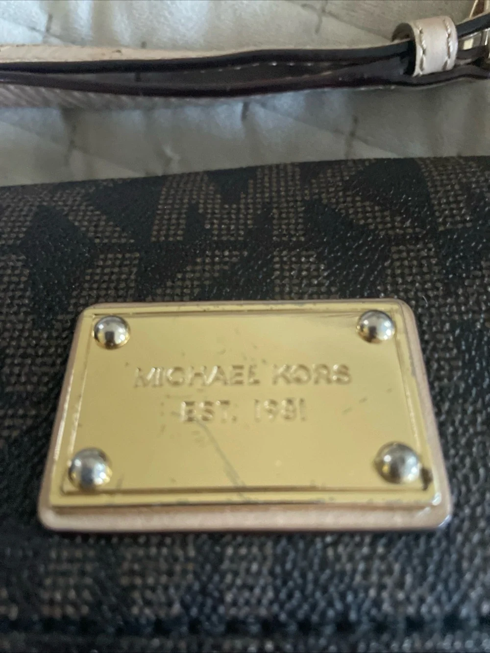 Michael Kors Brown Logo Crossbody with Pale tan Strap and Gold Plaque